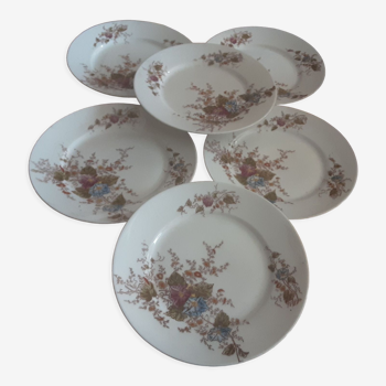 6 assiettes plates porcelaine decor floral  aux lions de faience rue de rivoli paris