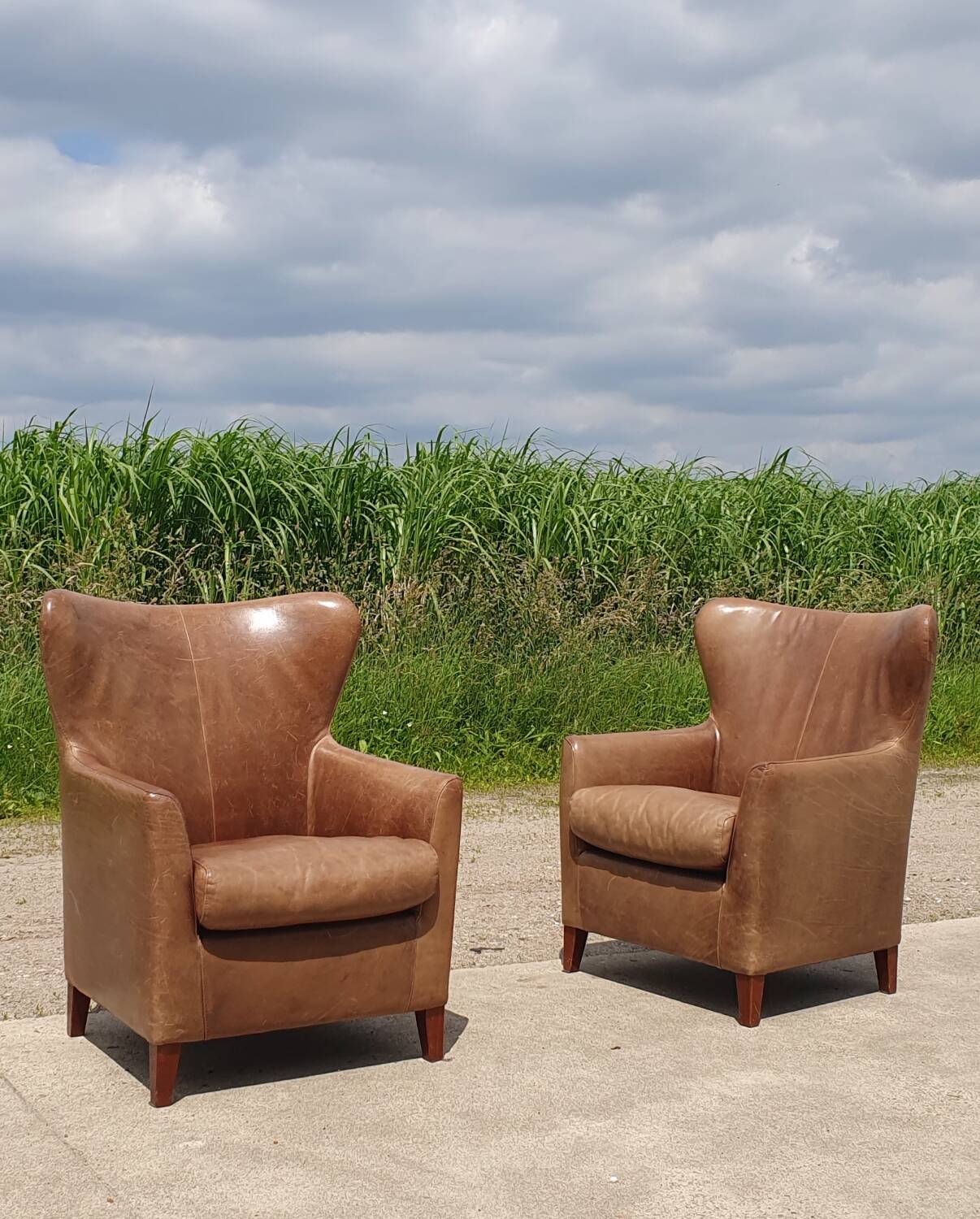 Pair leather wingback armchairs Machalke