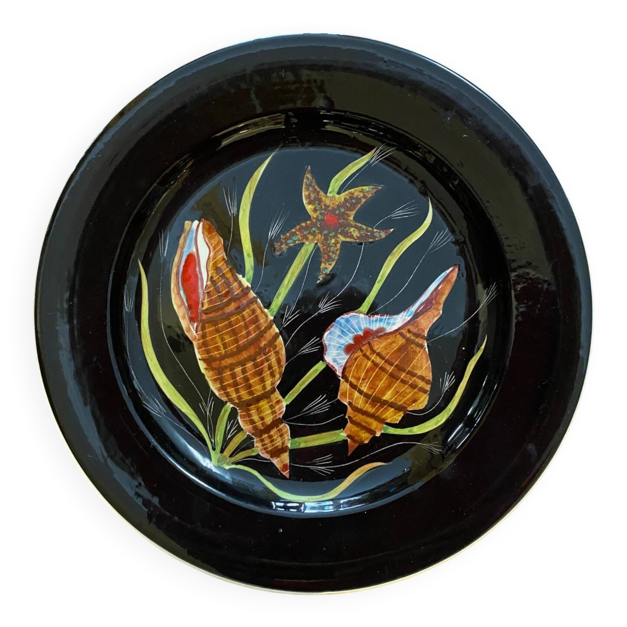 Faience quimper assiette guy trevoux decor etoile de mer coquillages annees