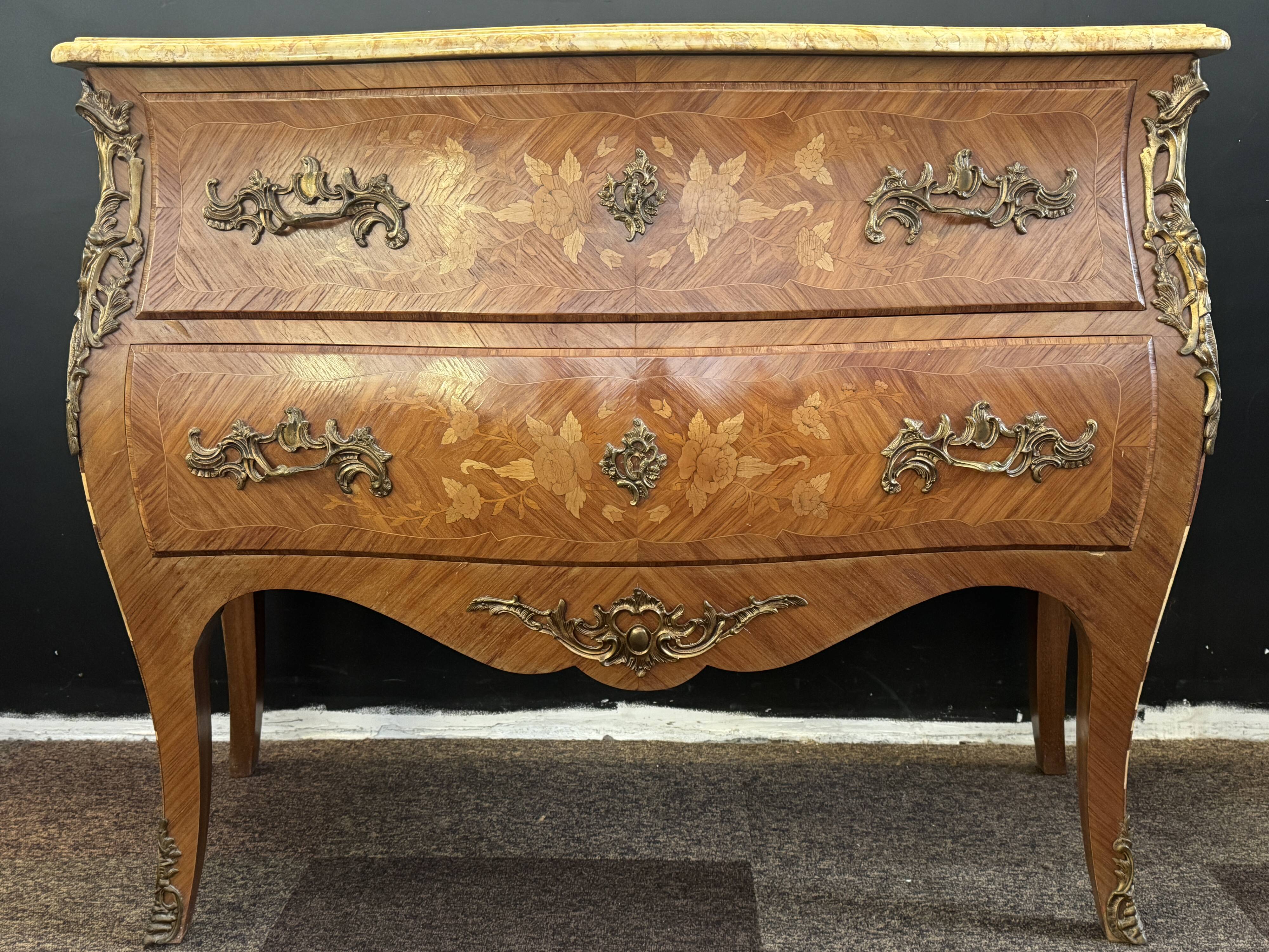 Curved marquetry commode – marble top