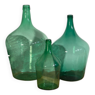 Antique green demijohns (c.1920). 3-piece set #6