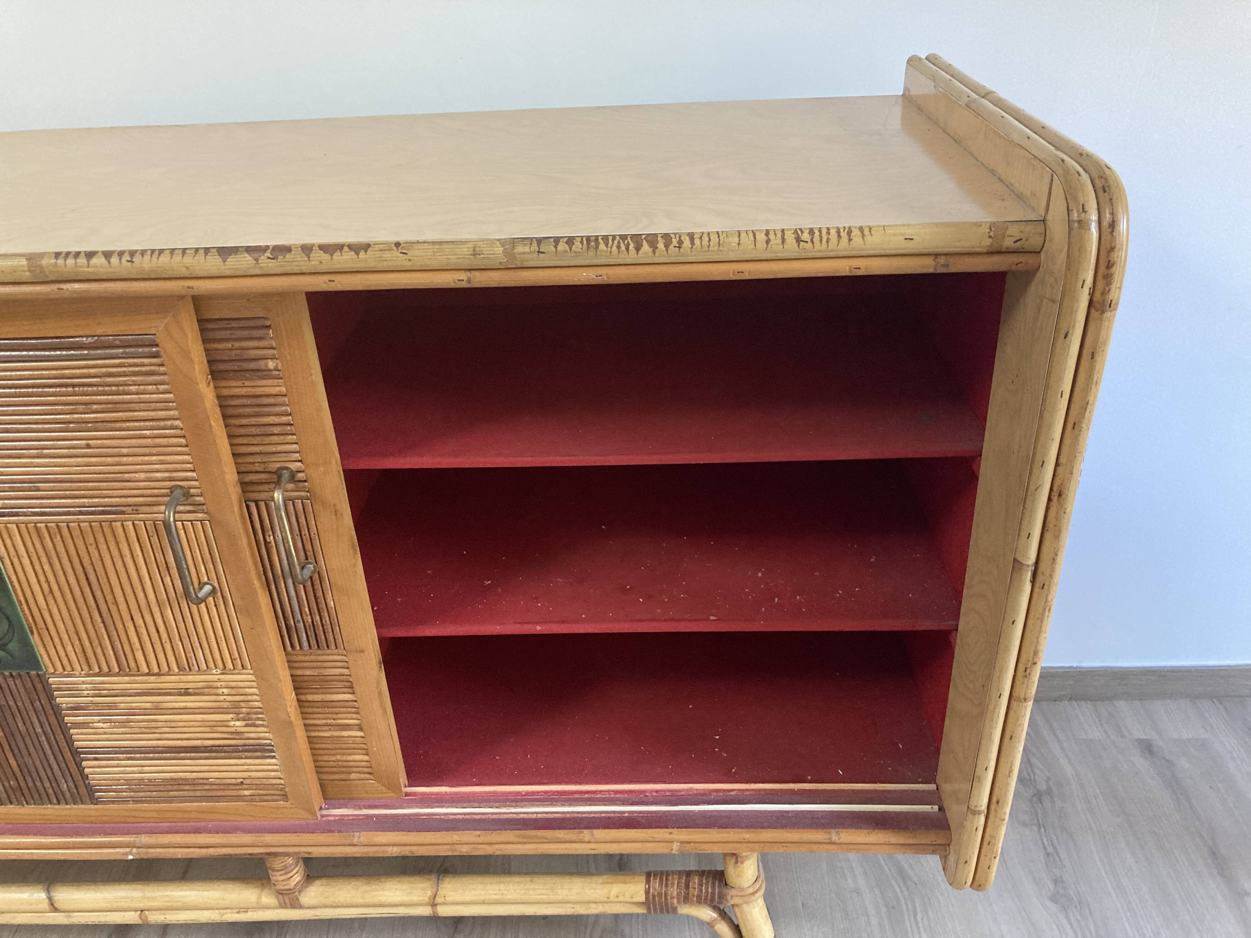 Rattan sideboard and ceramic tiles from vallauris 50s