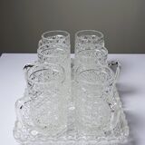 6 small vintage/antique pressed glass mugs and tray, art deco style