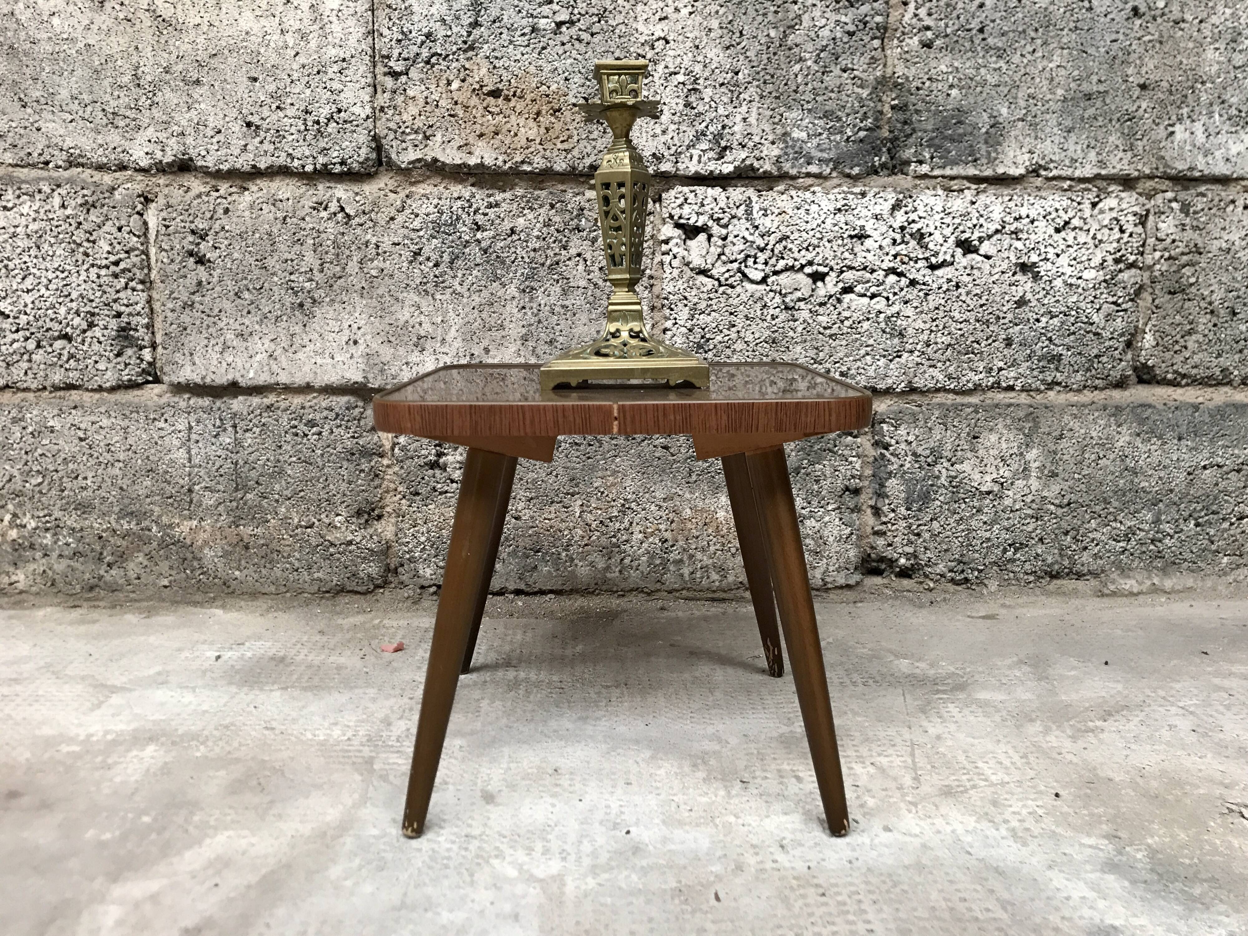 Vintage brown square pedestal table 1950