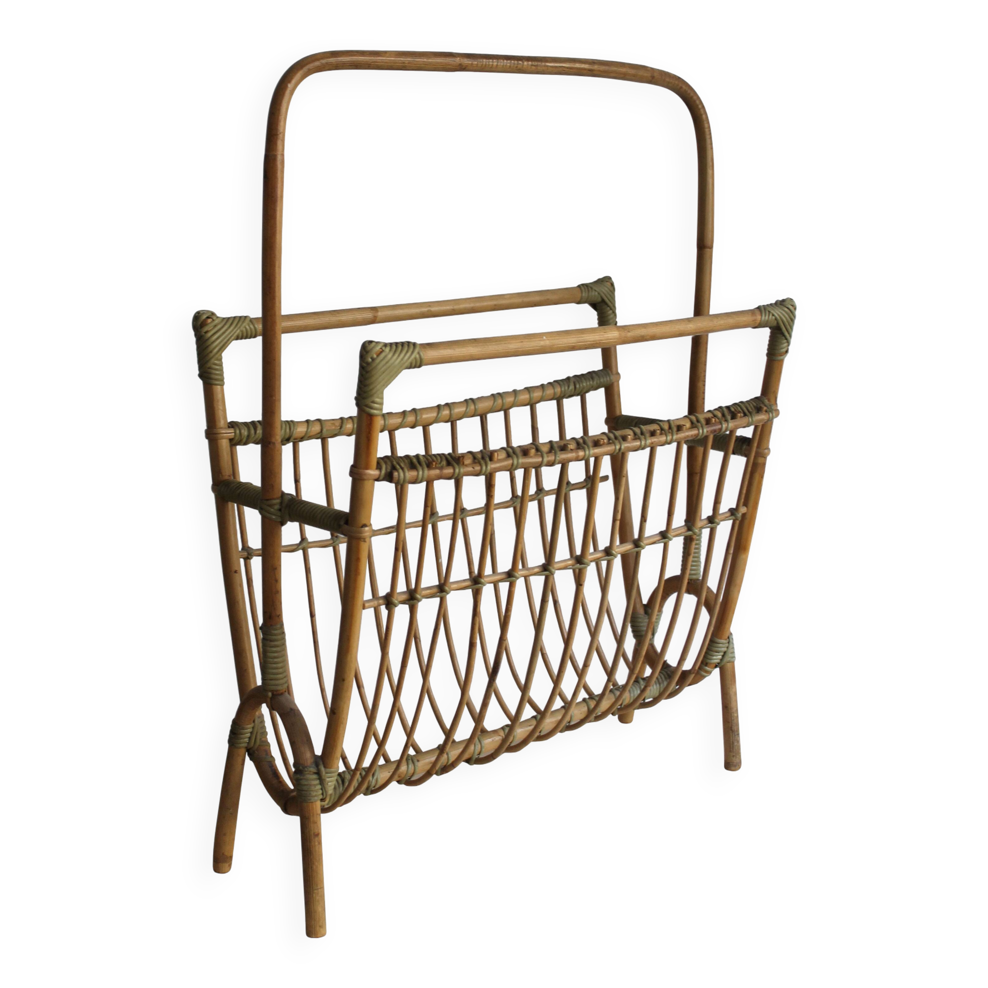 1960s Czechoslovak Rattan Magazine Rack with Tall Handle