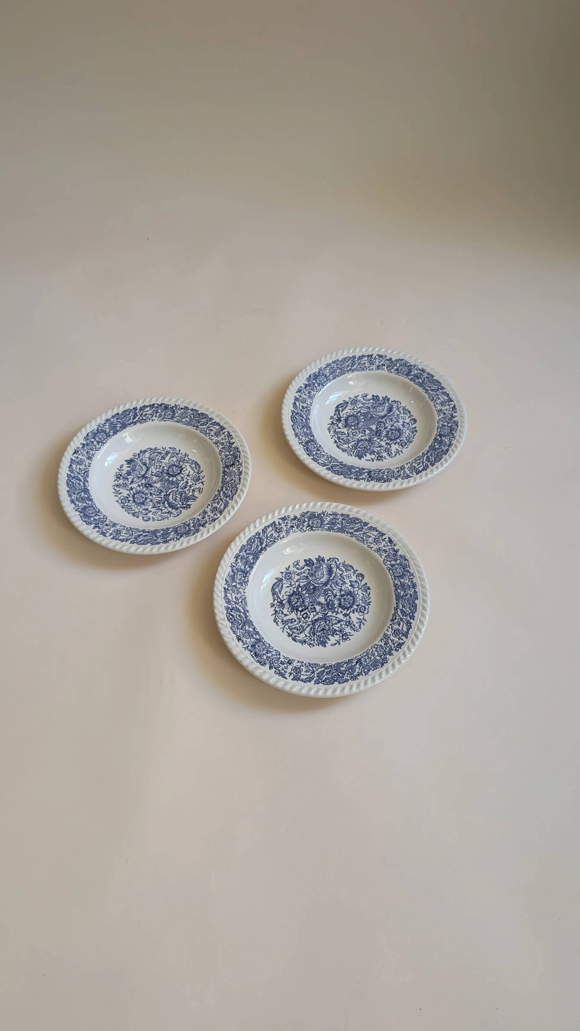 Set of 3 antique soup plates – blue floral decoration