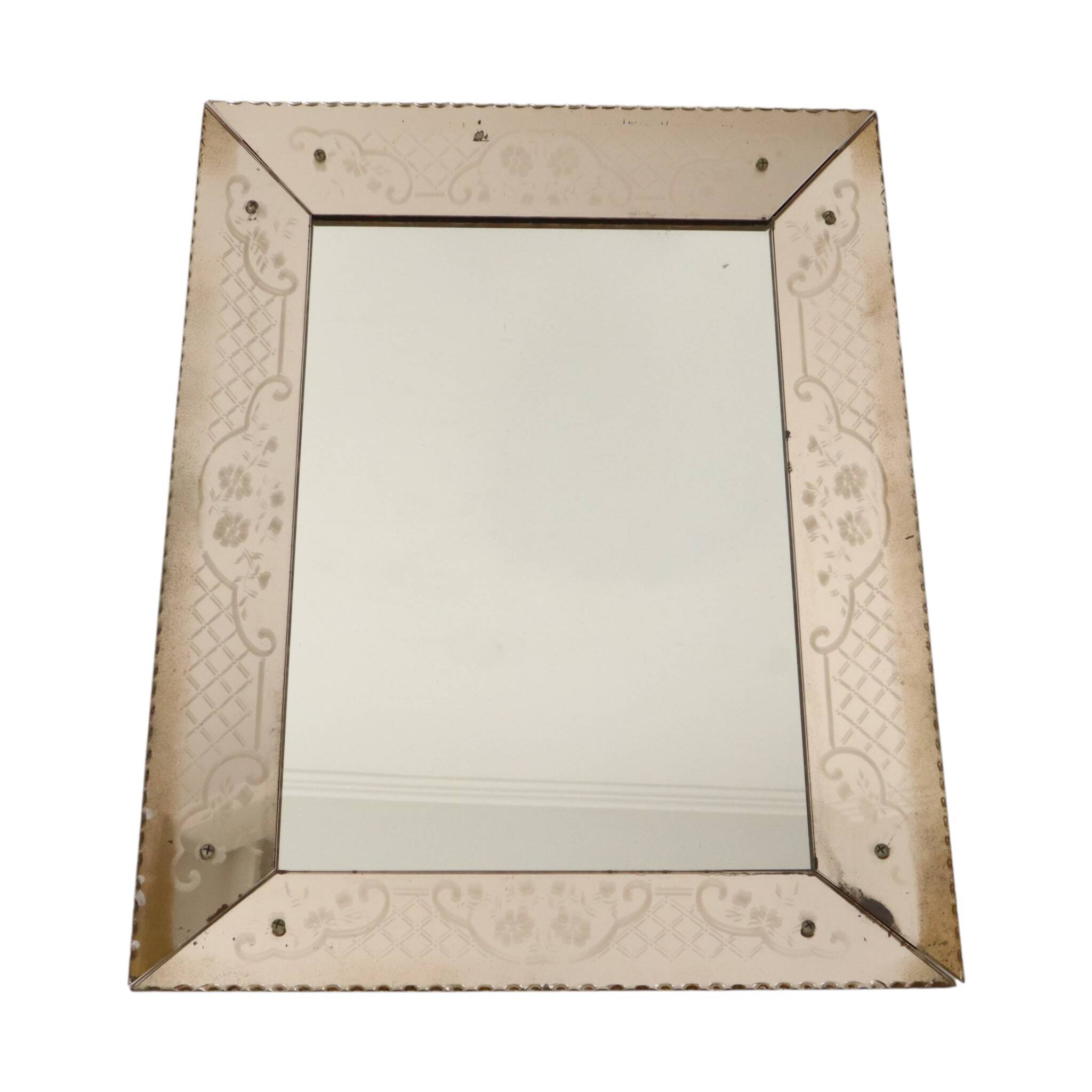 Large Venetian mirror, pink glass with engraved flowers, 77 cm