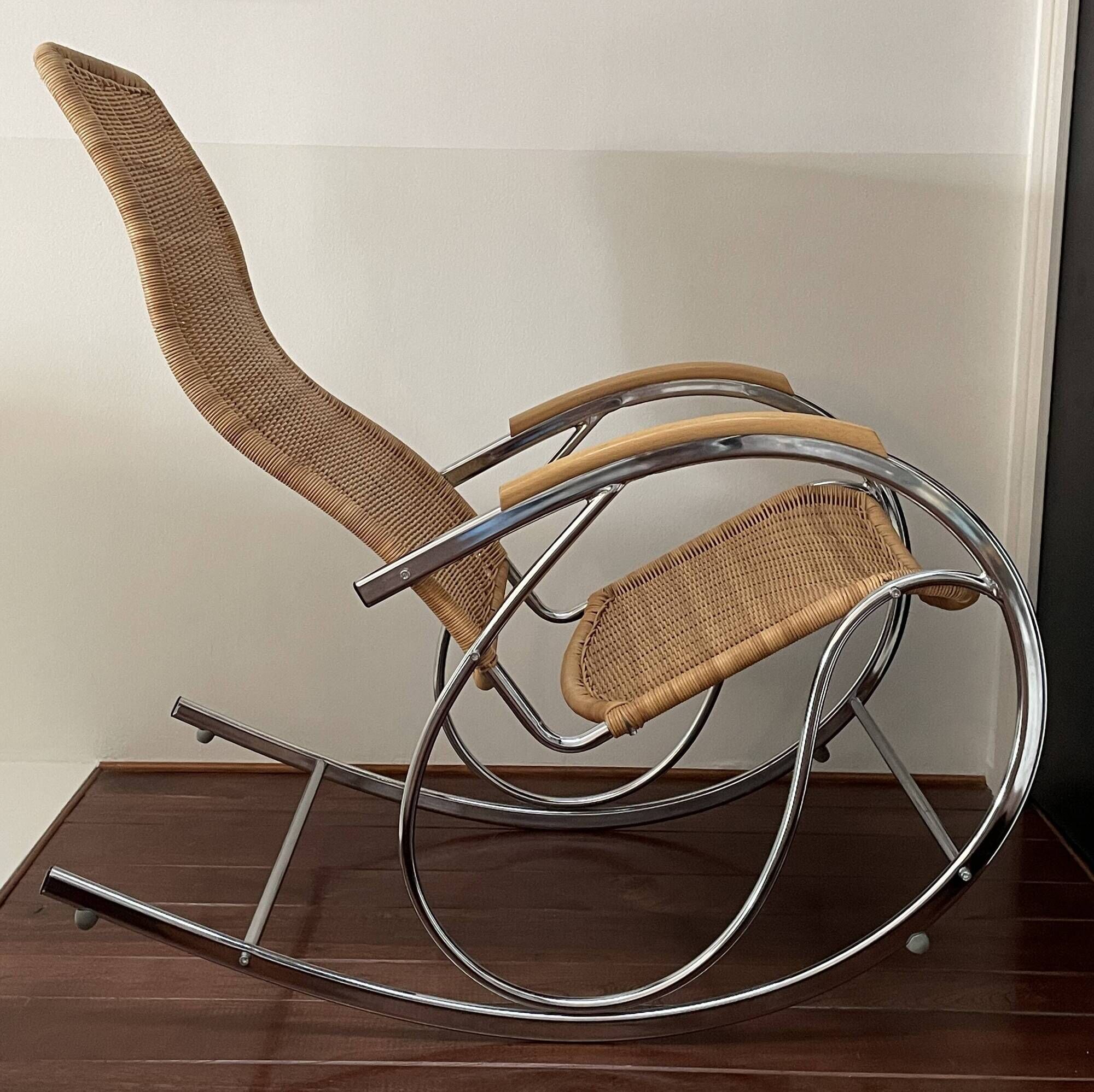 Bauhaus style rocking chair, chrome metal, rattan and beech wood, 1960-70