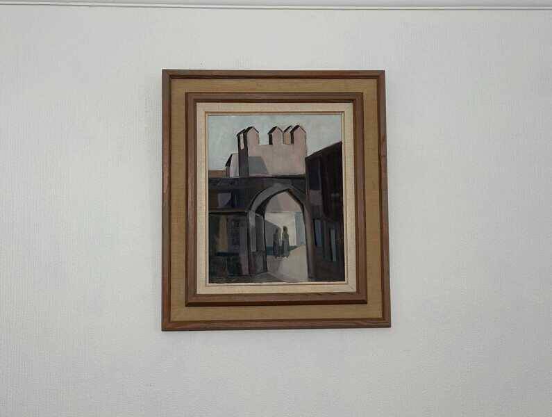 Original mid-century Swedish oil on canvas – “Entrance” by Reuben Hedin – vintage & framed – 55 × 63 cm
