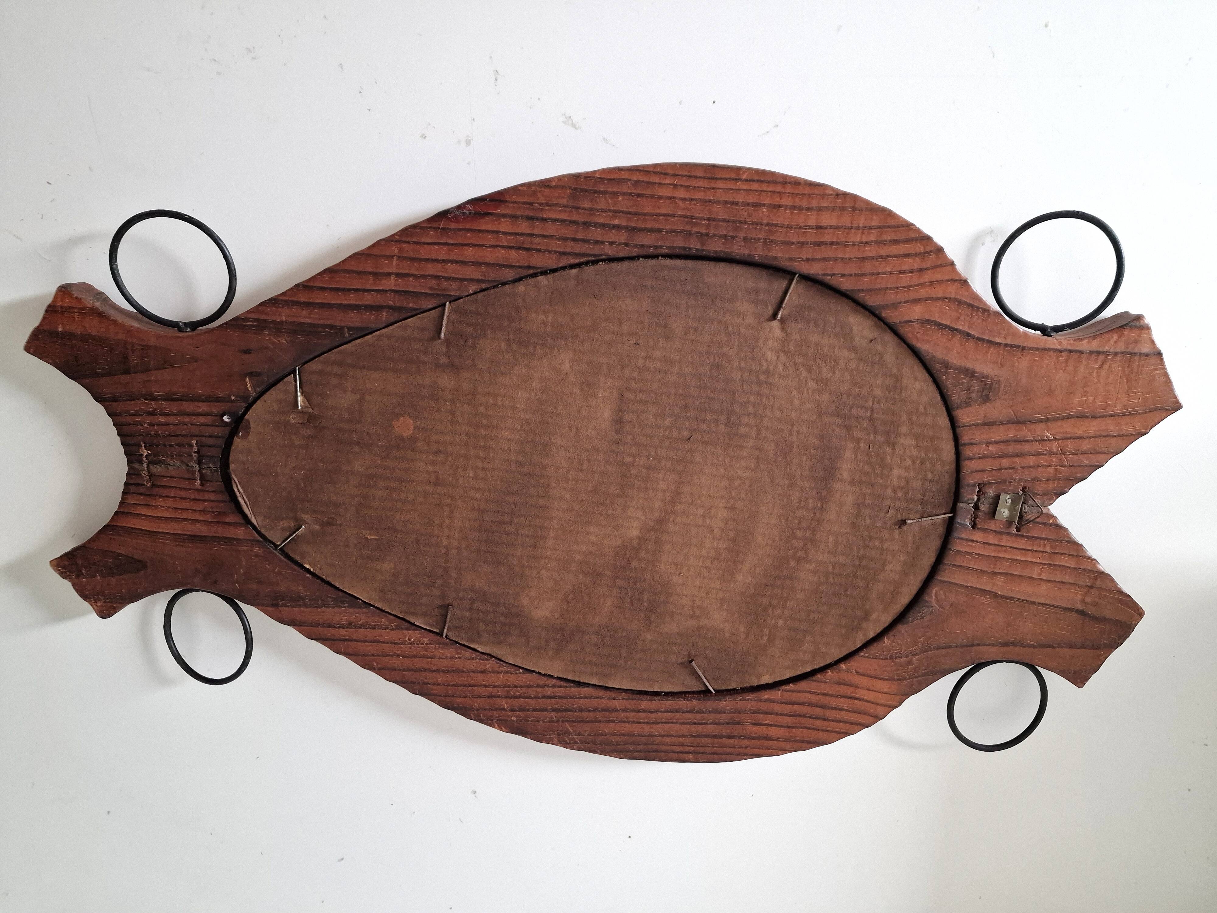 Brutalist mirror in wood and rope, free form.