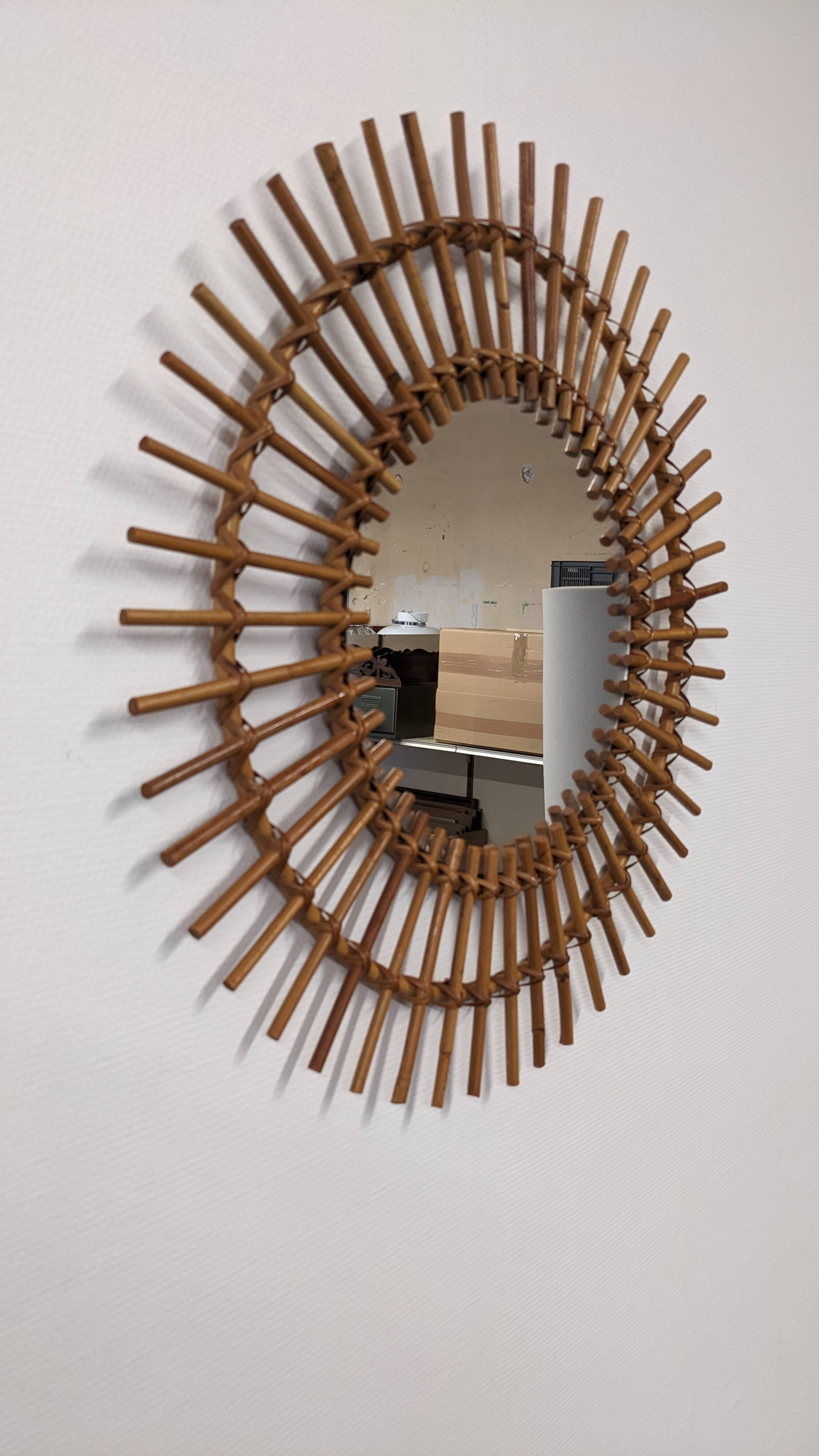 XL sun mirror in rattan, France circa 1960