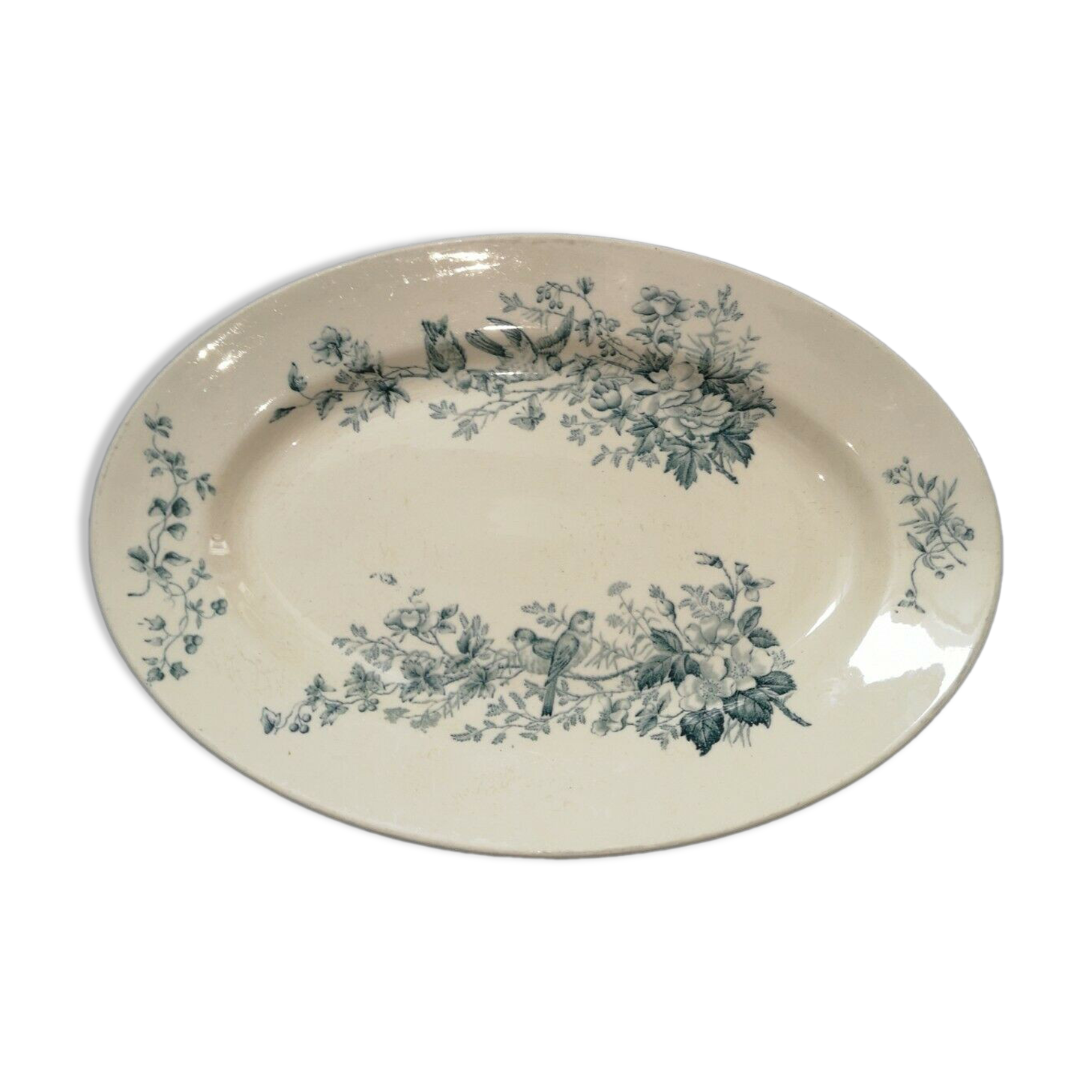 Old flat oval earthenware longwy cute blue/green birds iron earth Length 35 cm