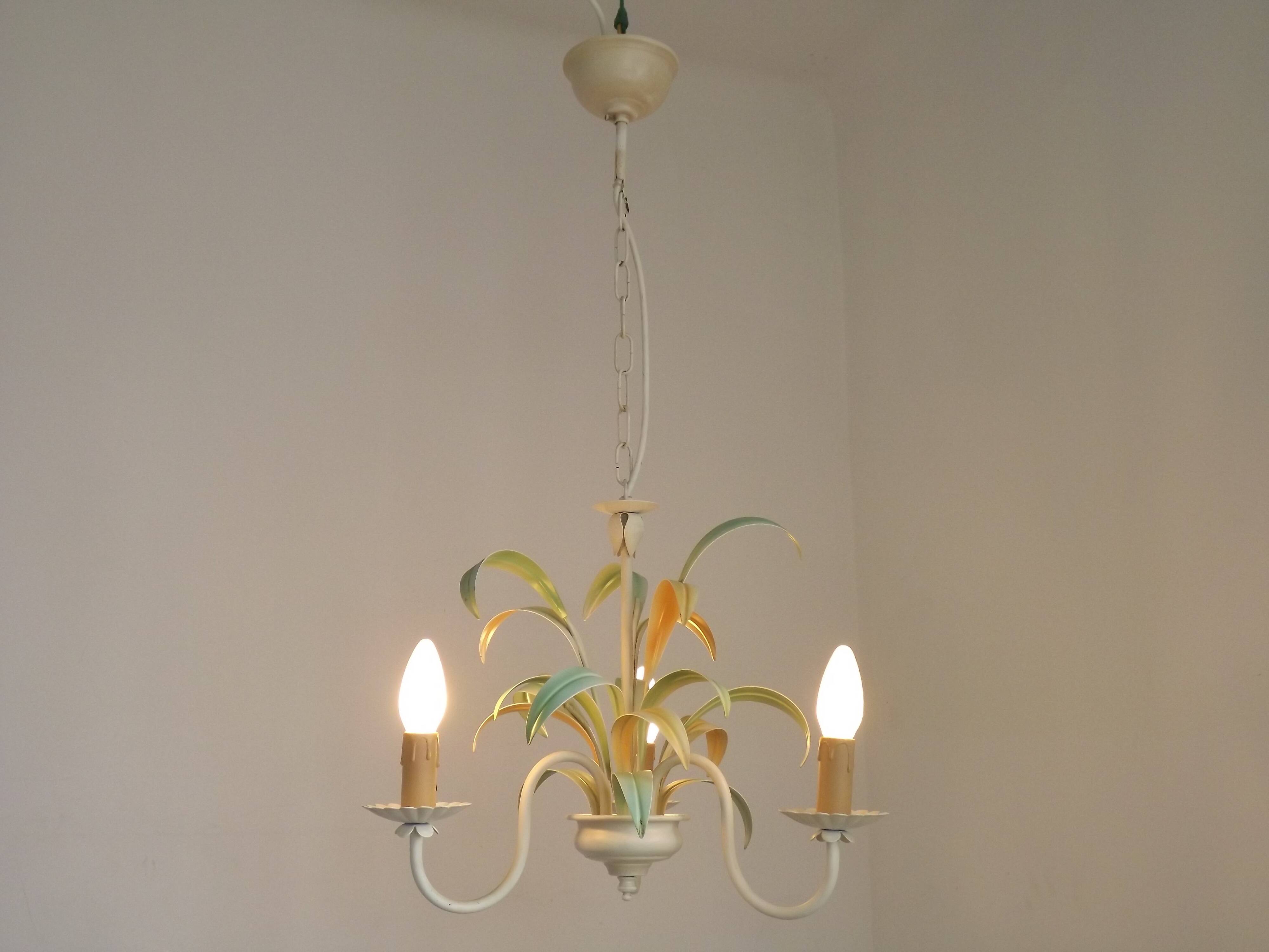 French Vintage Cream 3 Light Chandelier Green and Peach Leaves
