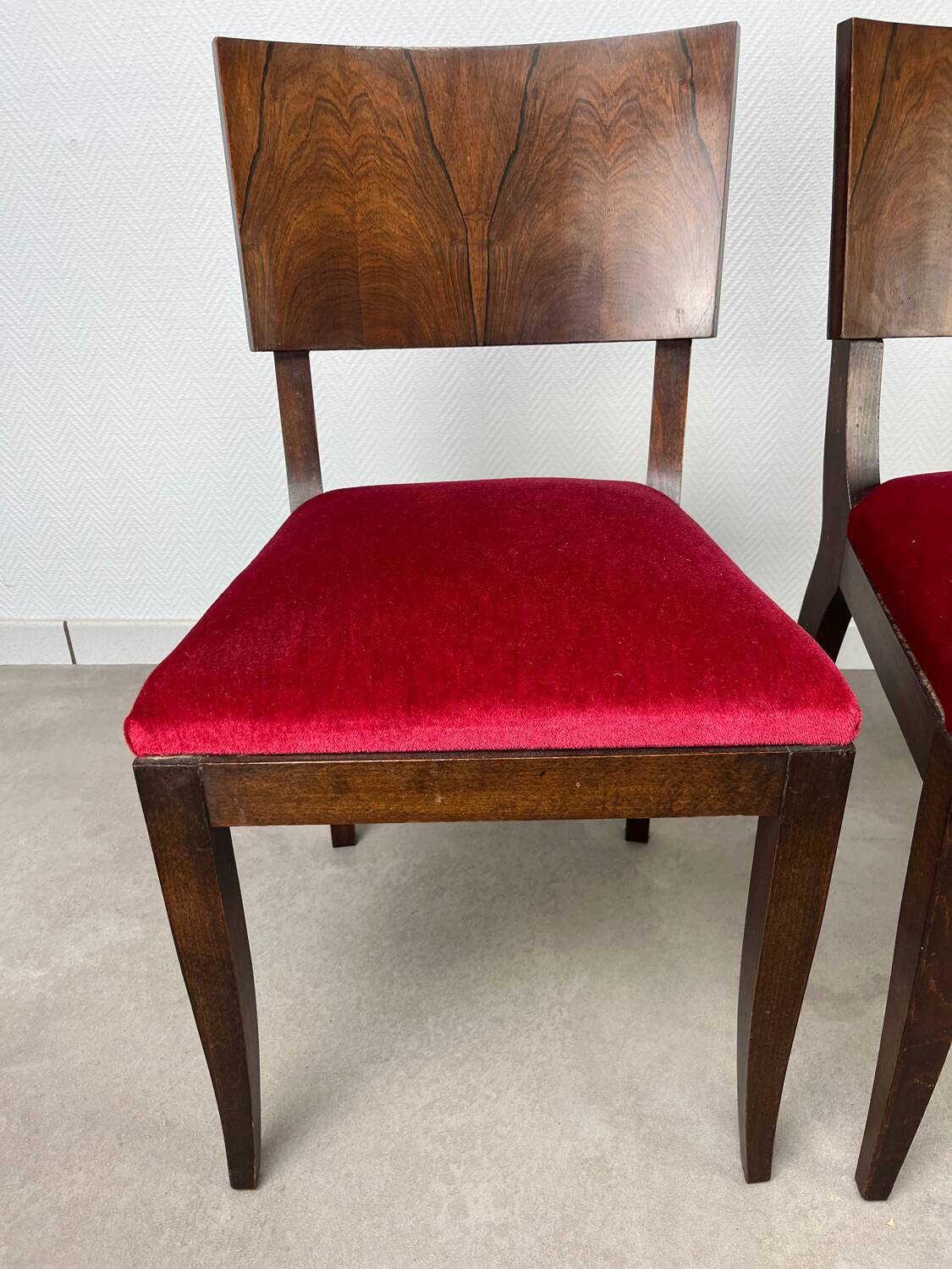 2 Art Deco chairs, red velvet and rosewood.