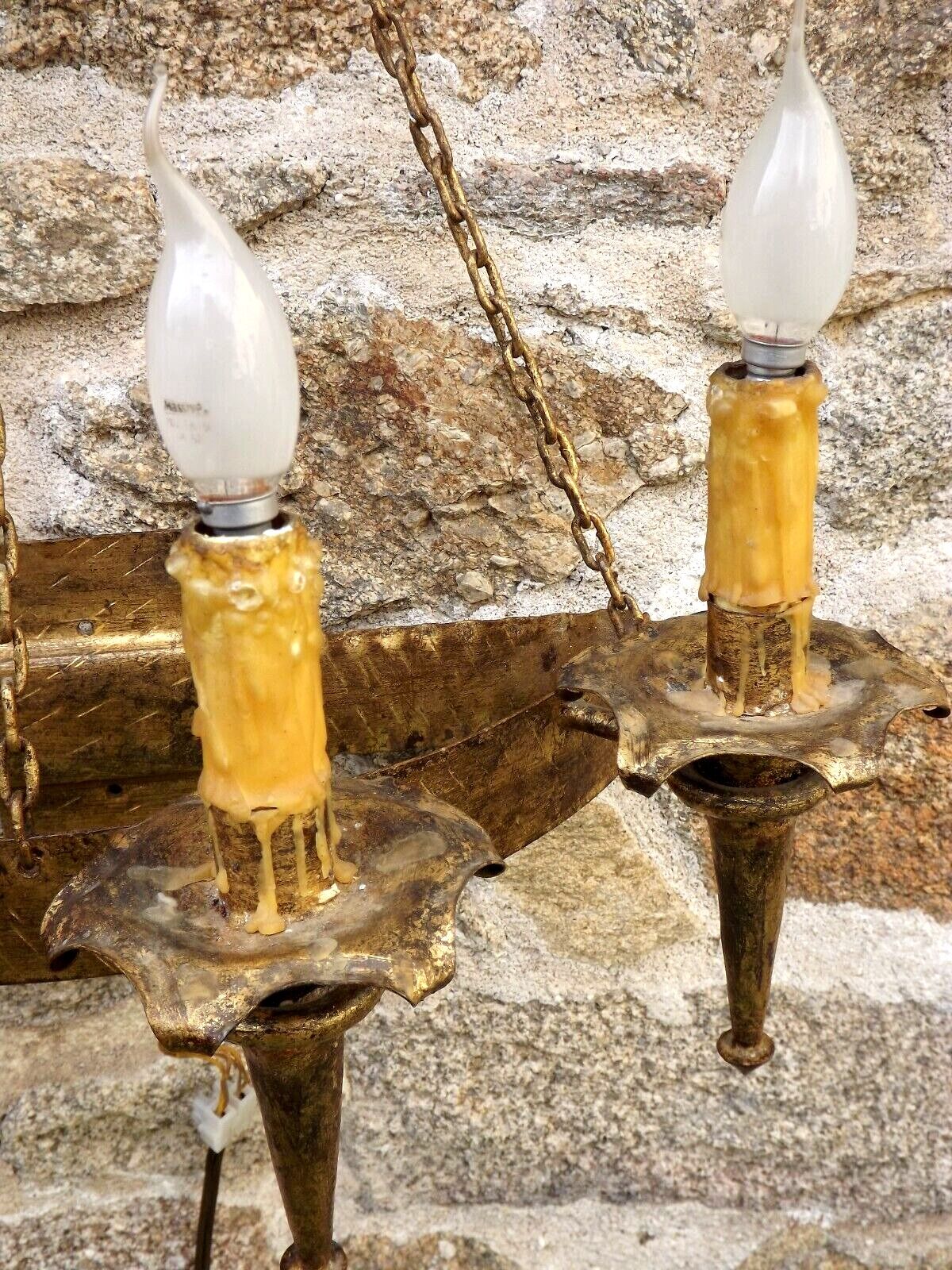 French medieval gold hand forged wrought iron 4 light hanging wall light 3894