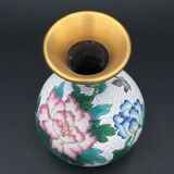 Brass Vase Email Cloisonné Decor Peony and Bird China Middle XXth Enamel