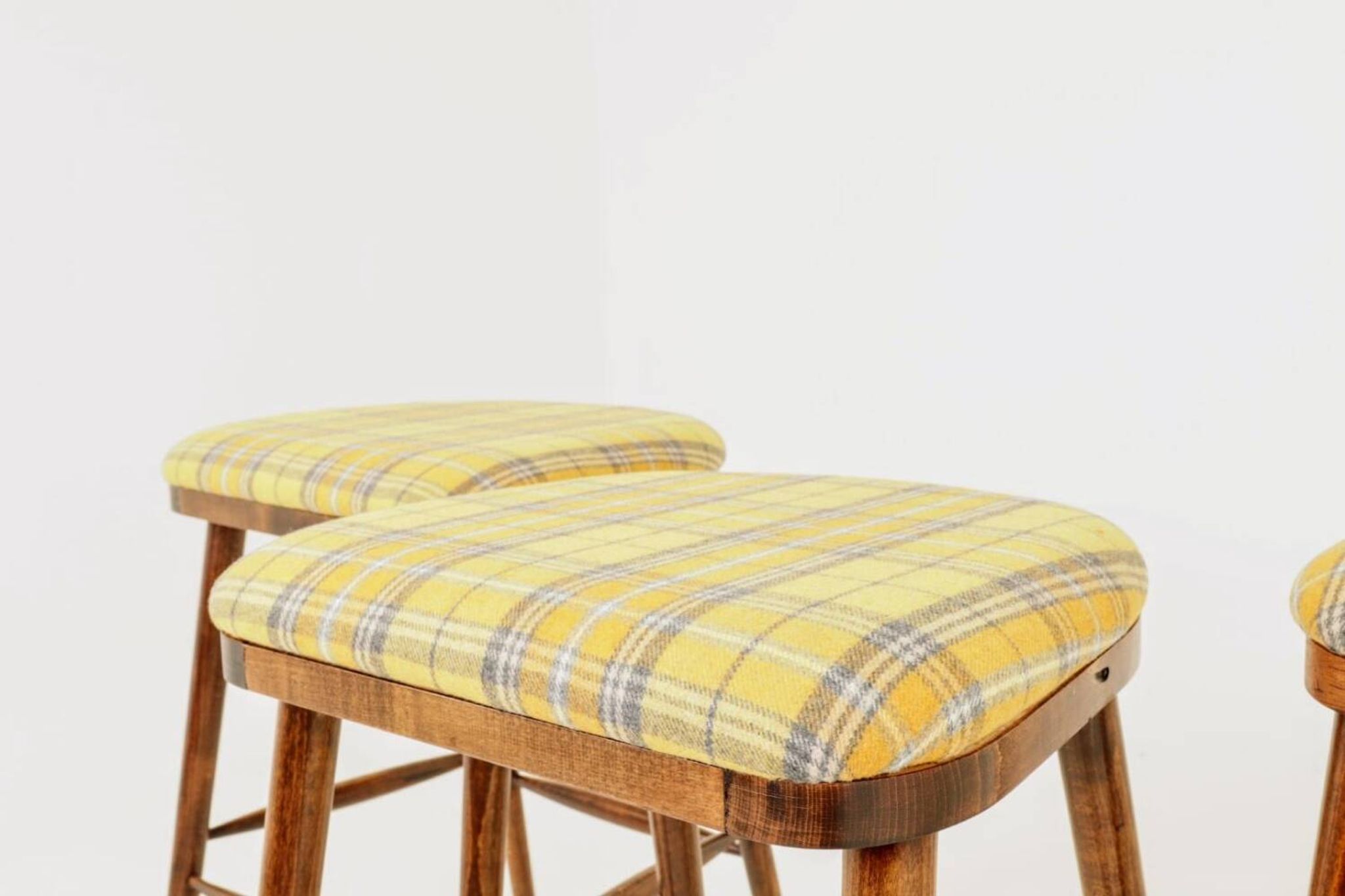 Set of three bar stools in vintage style rustic wood wool upholstery