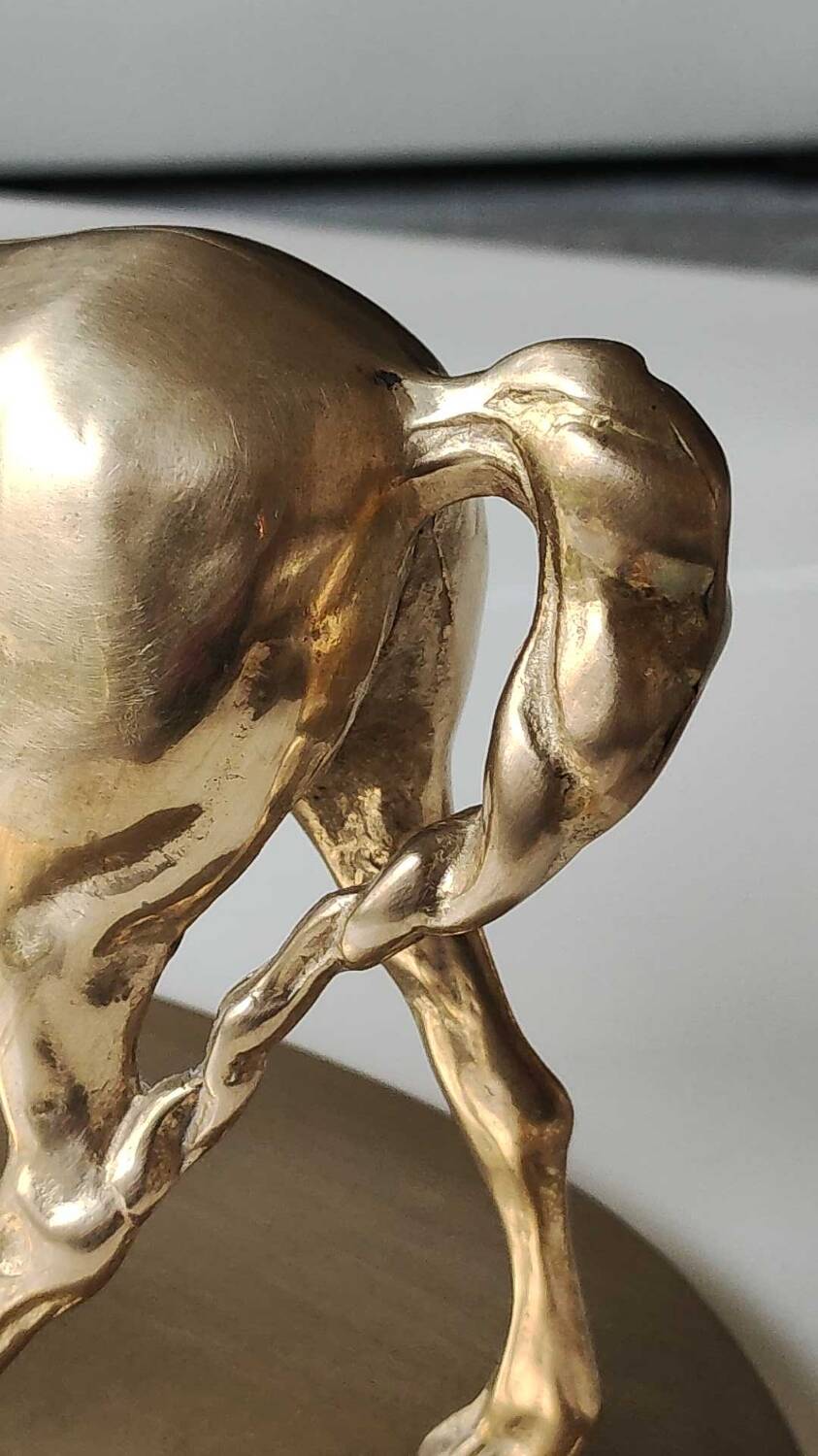 Large vintage horse in exercise figurine on oval base, in polished brass 26 x 19 cm
