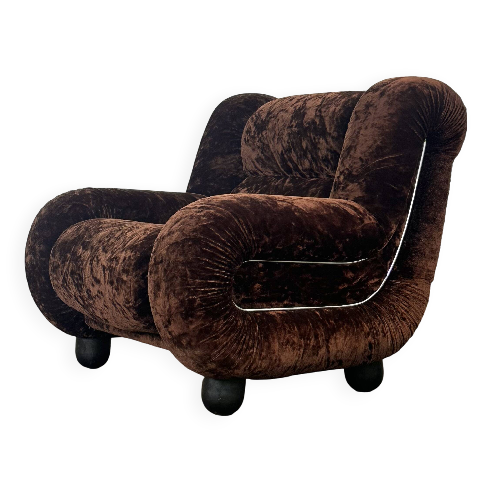 Fauteuil vintage italien en velours marron foncé
