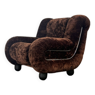 Fauteuil vintage italien en velours marron foncé