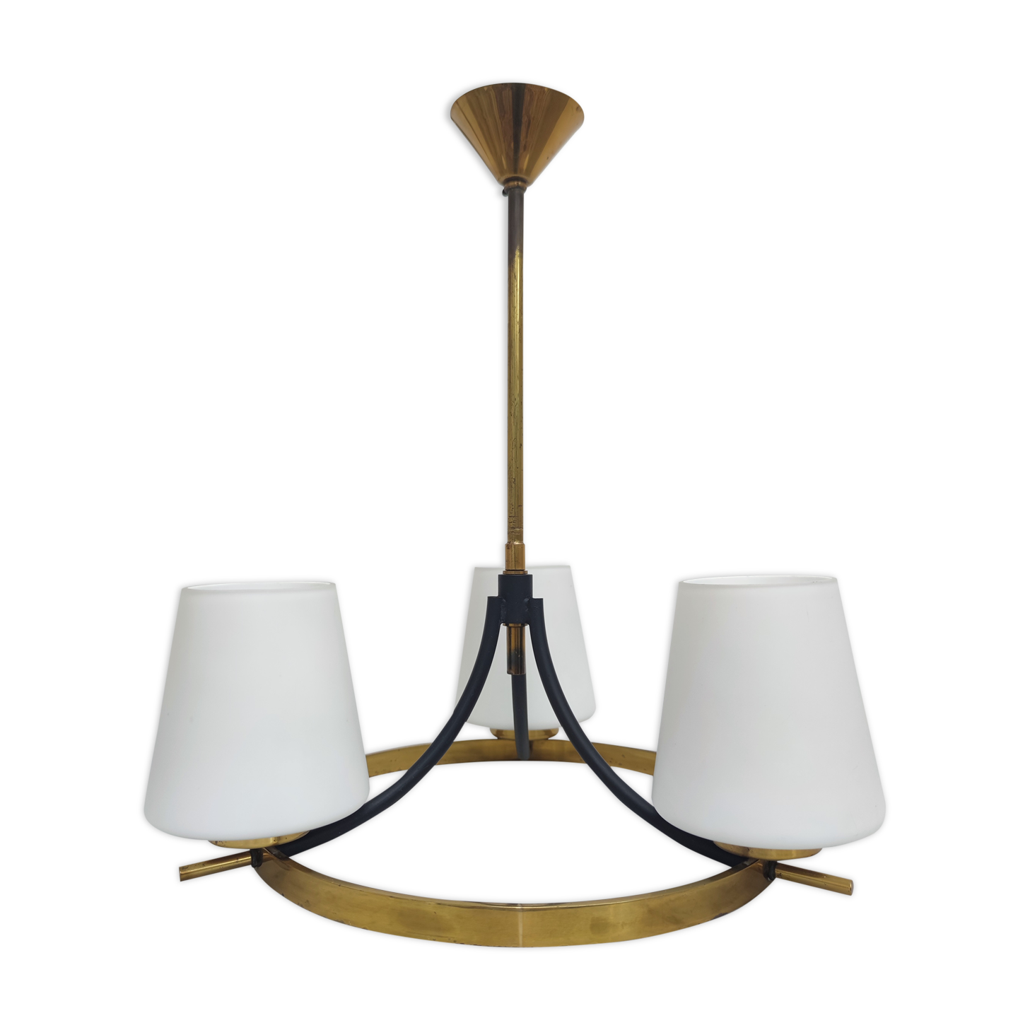 Brass chandelier and white opalines