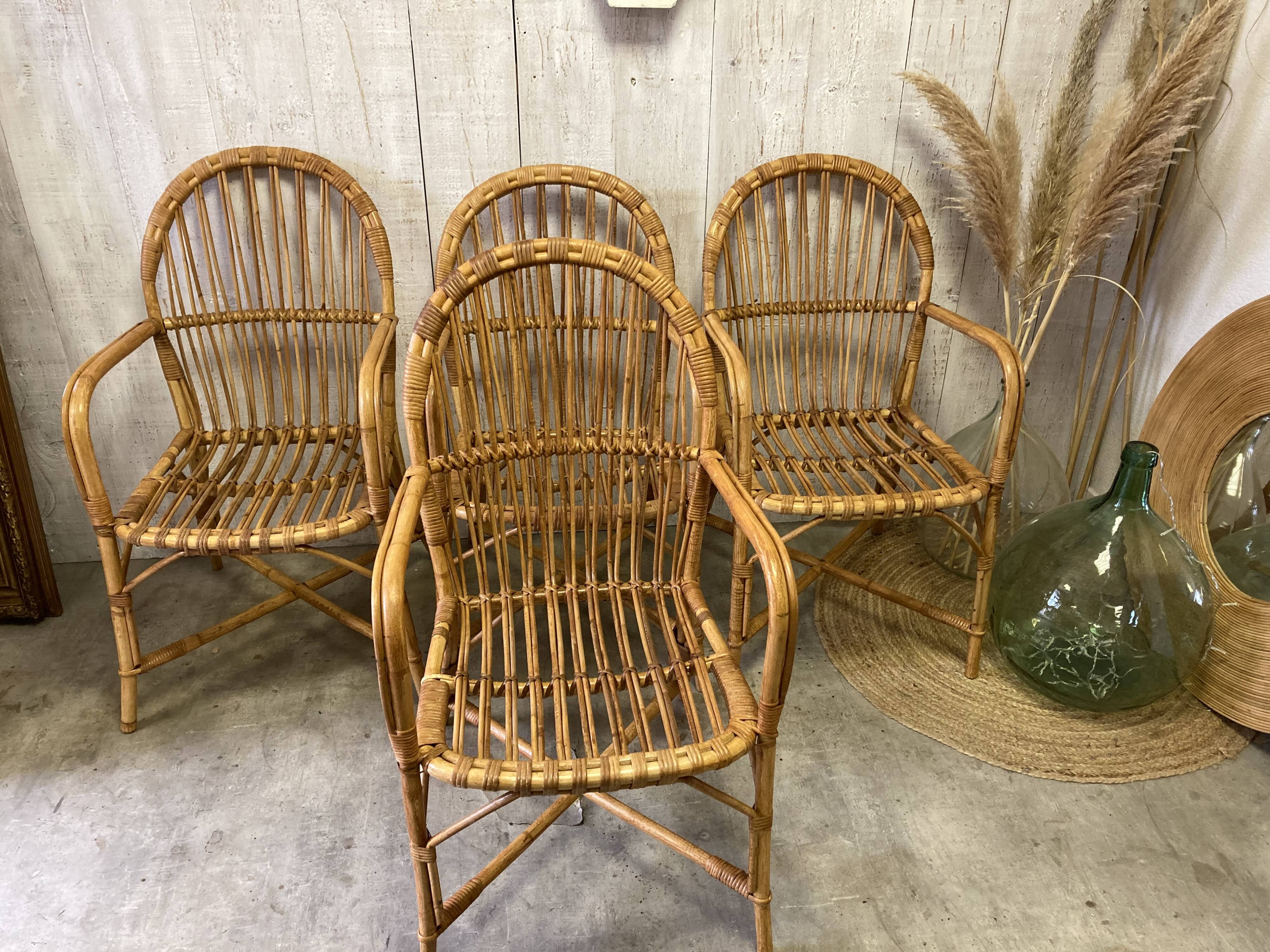 Série de 4 fauteuils rotin vintage