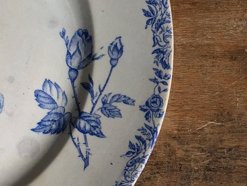 2 flat plates mismatched iron earth with blue flower motifs France