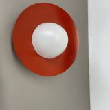 Round red wall light in metal and opaline glass in the Stilnovo style, 20 cm, Italy, 1960s
