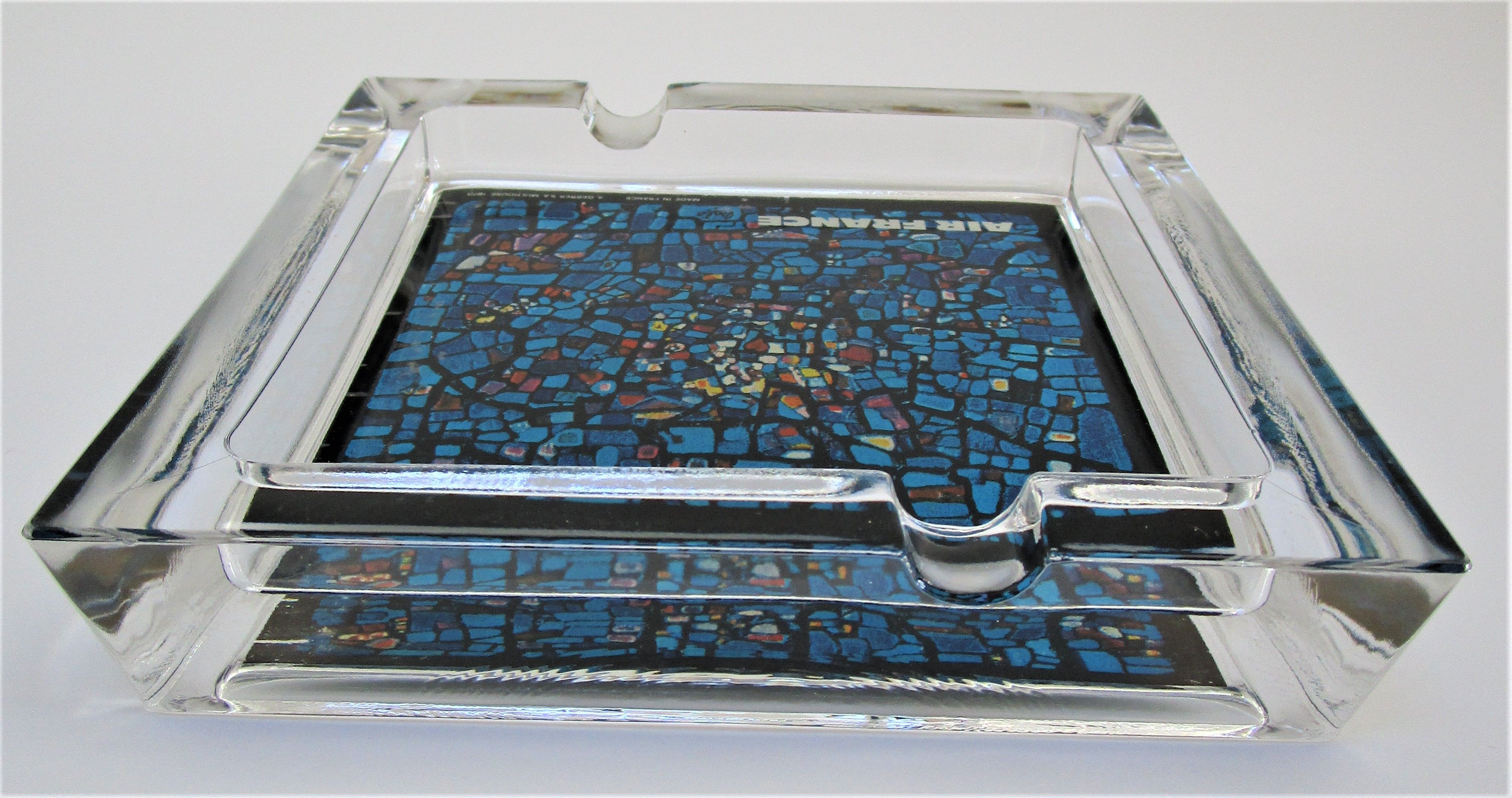 Ashtray thick glass blue decoration Air France 70s