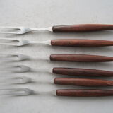 6 teak and vintage stainless steel fondue forks