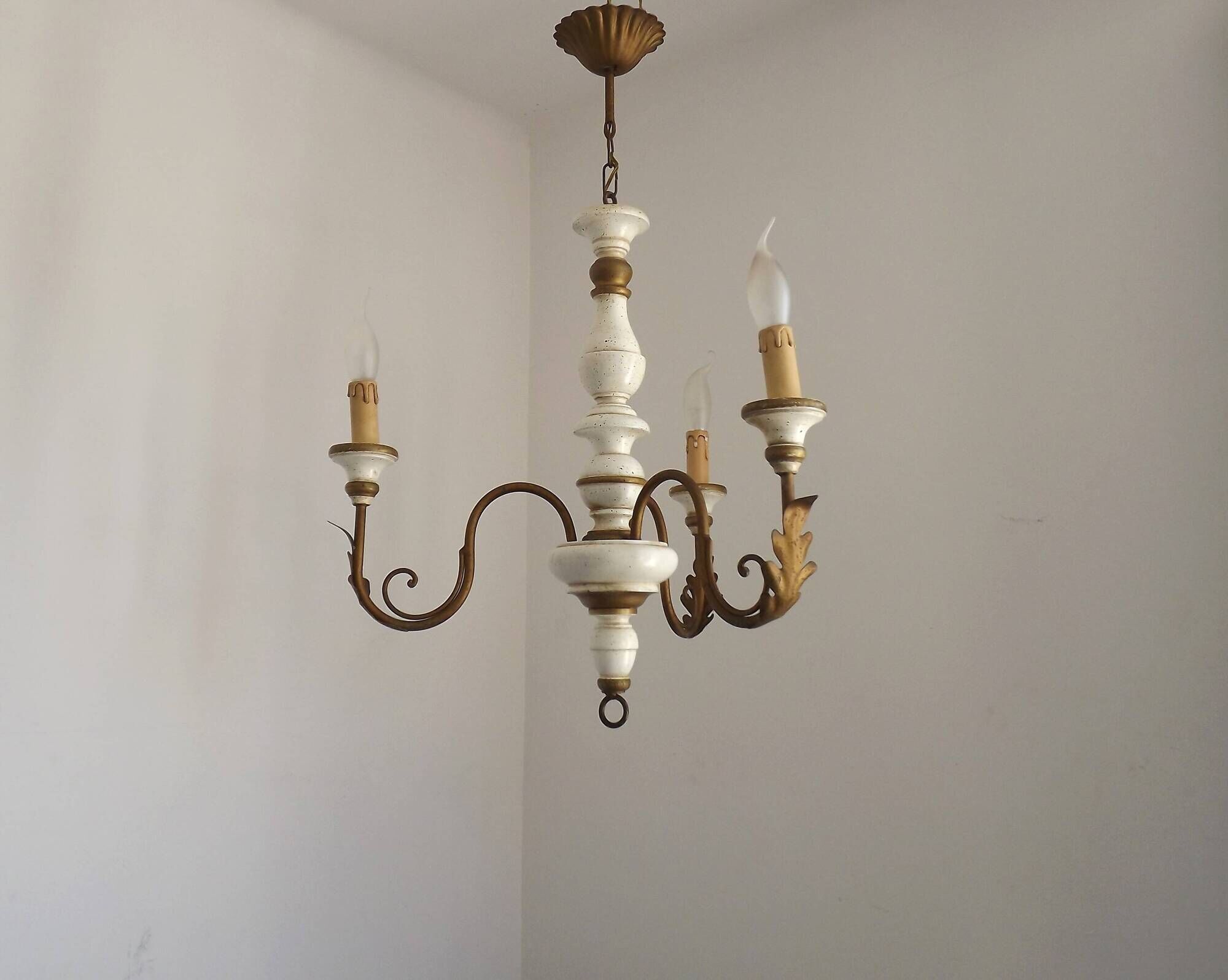 Vintage French 3-Light Chandelier White Wood & Bronzed Effect Metal