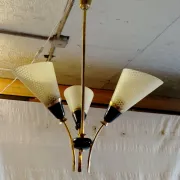 Brass and glass chandelier with 3 lights - 1950s