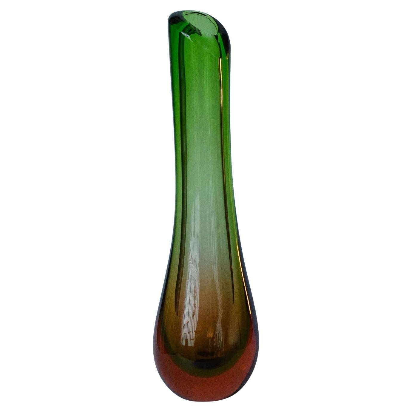 Vintage Big, Tall and Heavy Murano Vase in Green and Orange "Sommerso" Glass