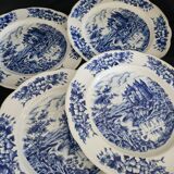 Set of 4 Pyroblan porcelain plates with vintage blue and white decor