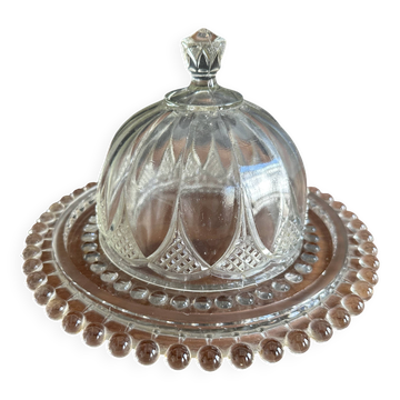 Vintage glass cheese dome with its plate, 1950s.