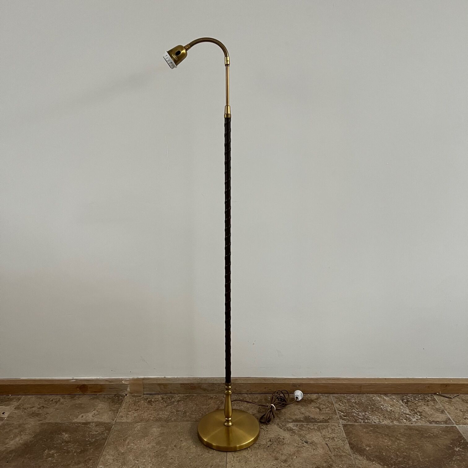 Danish Mid-Century Leather and Brass Adjustable Floor Lamp
