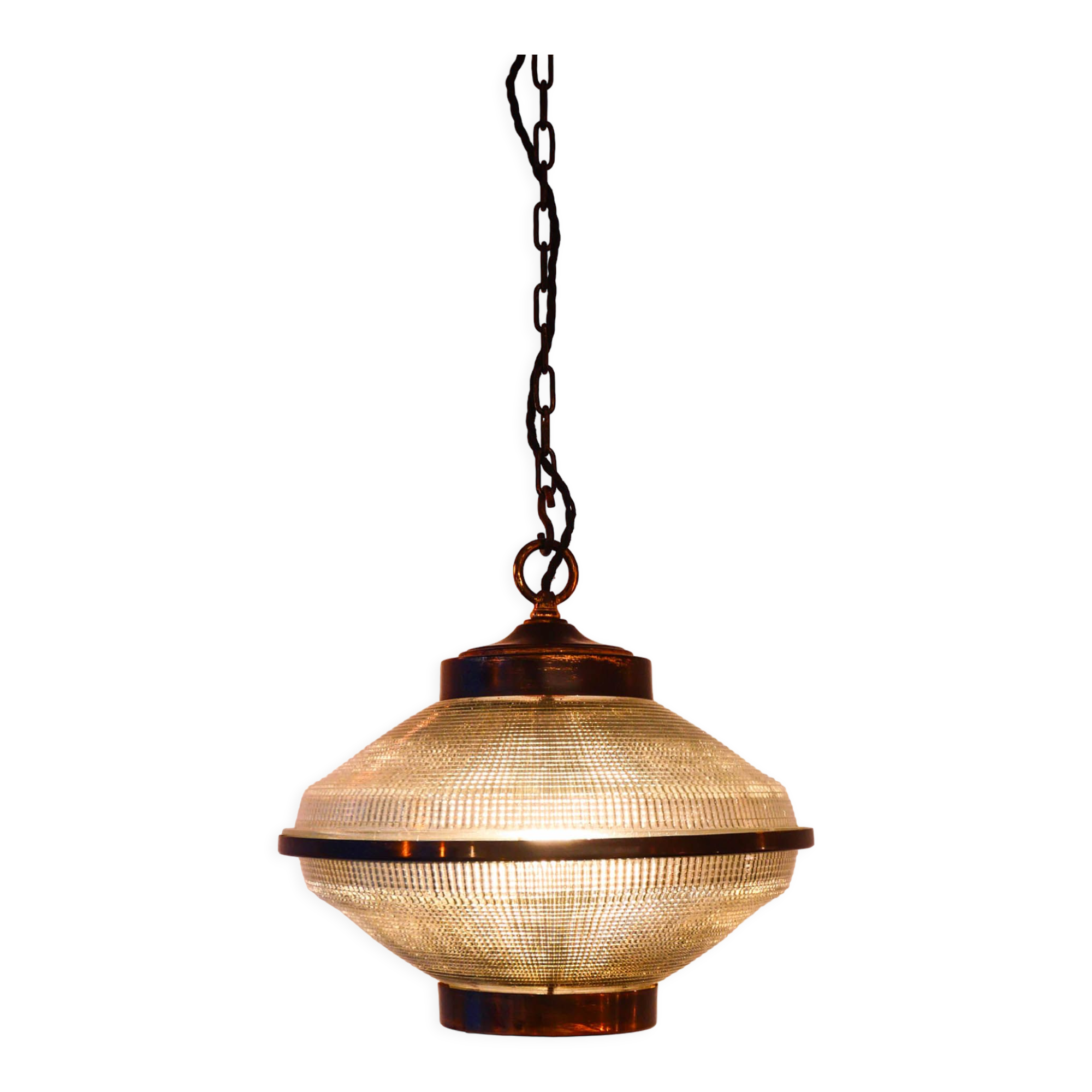 “Ellipse” pendant light in glass and patinated brass.