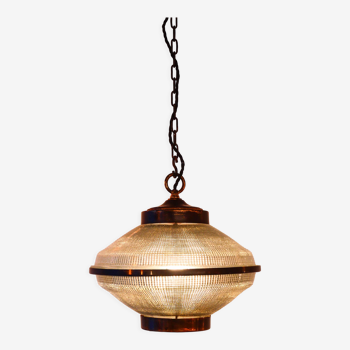 “Ellipse” pendant light in glass and patinated brass.