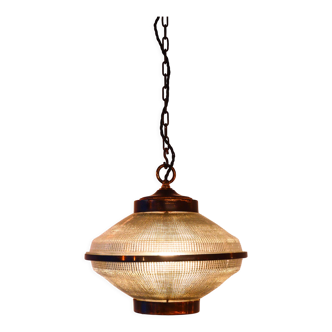 “Ellipse” pendant light in glass and patinated brass.