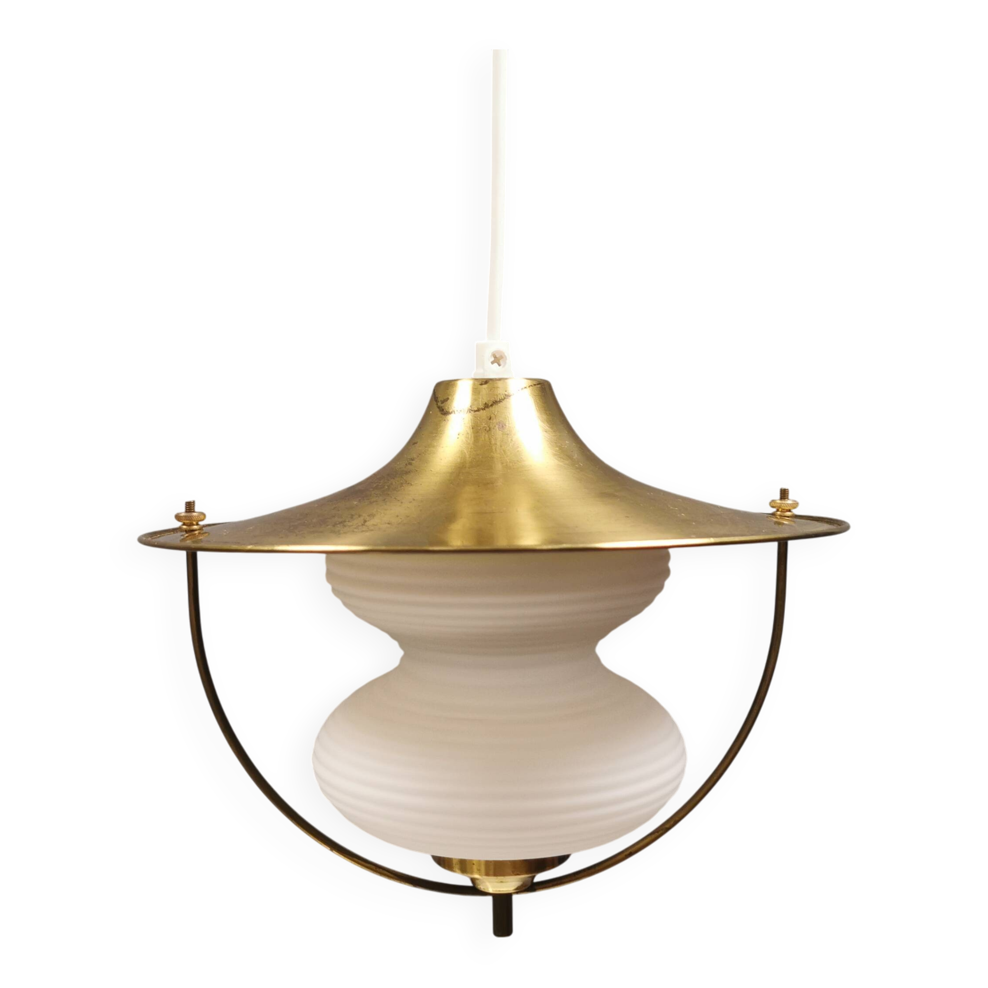 Beautiful older hanging lamp in brass and milky white glass. Germany 1950s