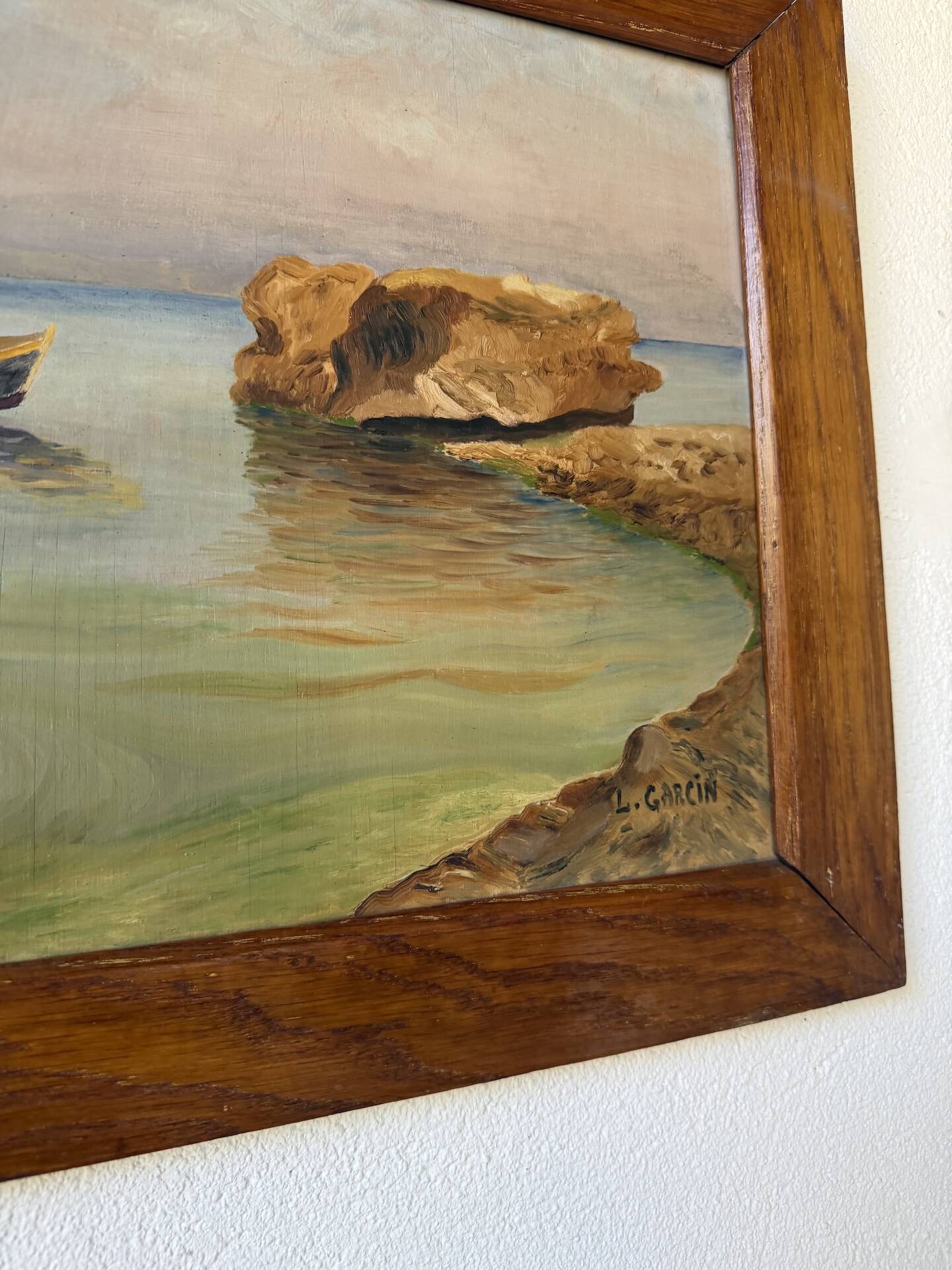 Framed oil painting fisherman L. Garcin