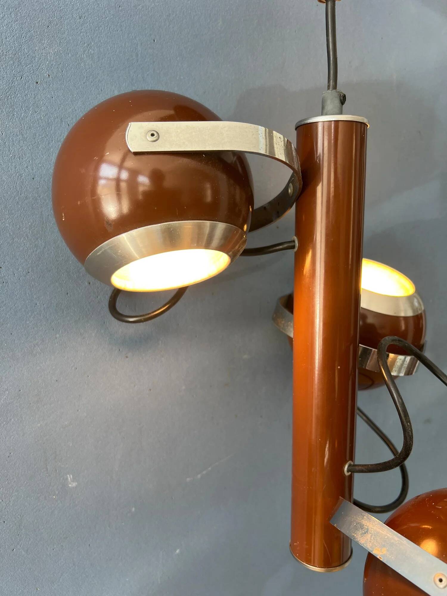 Brown vintage space age pendant lamp with three eyeball shades