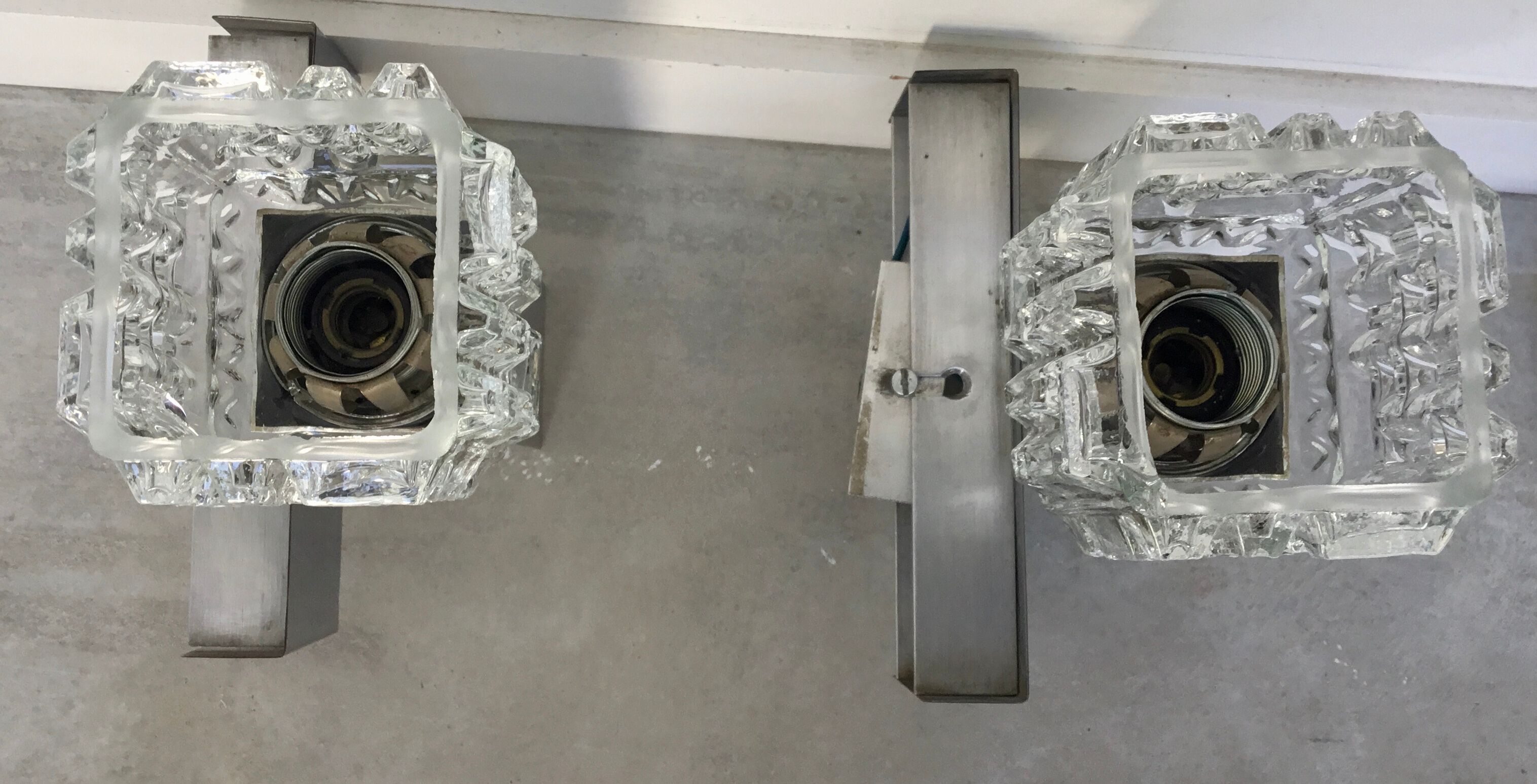 Pair of space age cubist wall lamps in brushed aluminum - design 1970