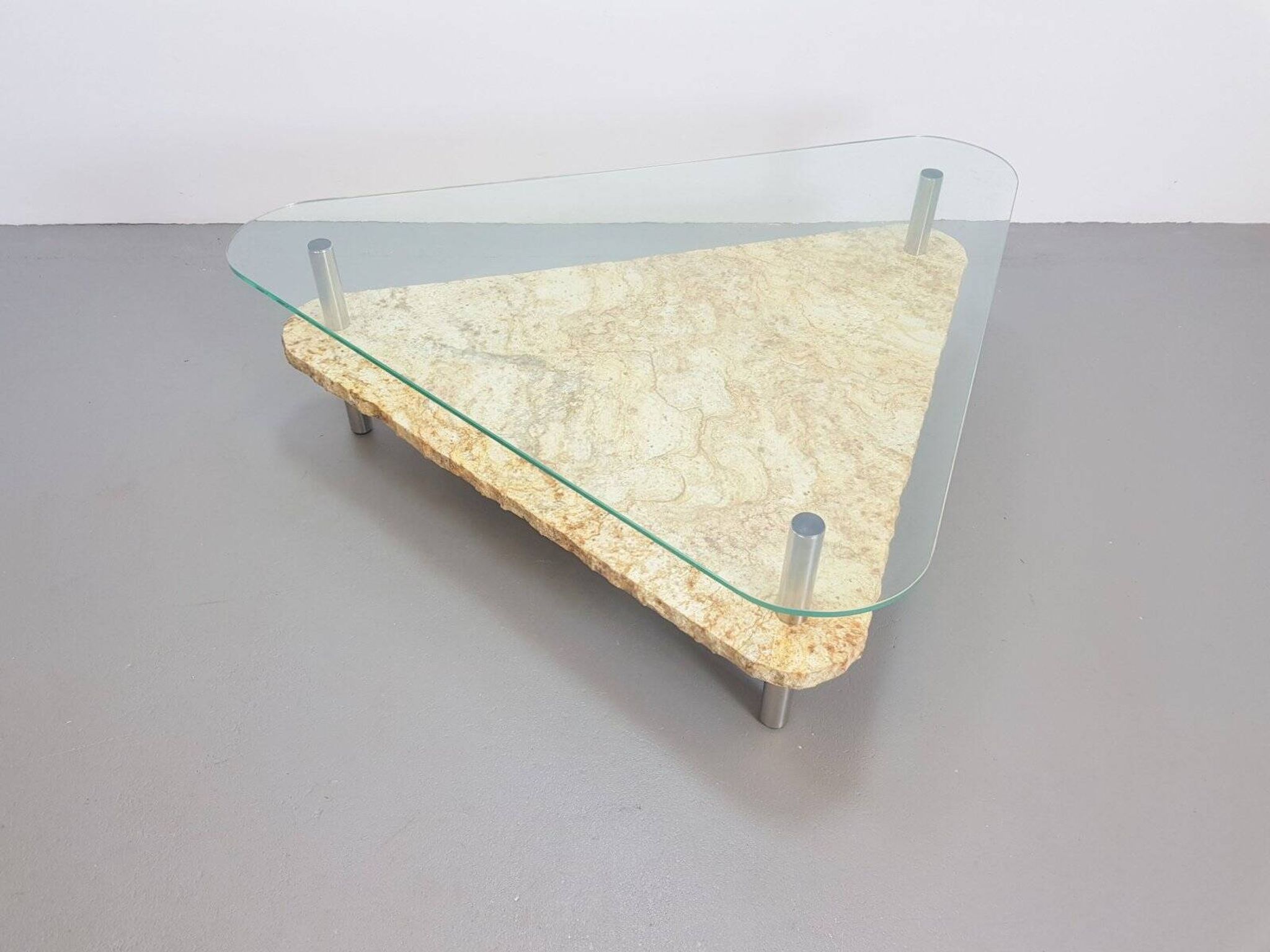 Brutalist Triangle Coffee Table in Marble and Stainless Steel, 1970s