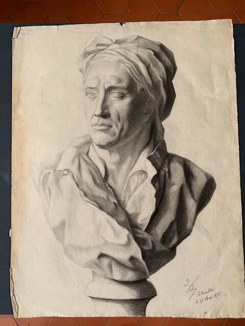 Pencil drawing, bust, signed, nineteenth