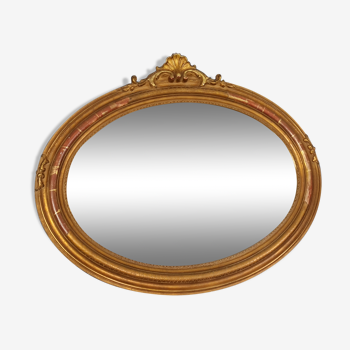 Miroir ovale bois & stuc doré feuille d'or fronton coquille Style Louis XV, XIXe s. 108x90 cm
