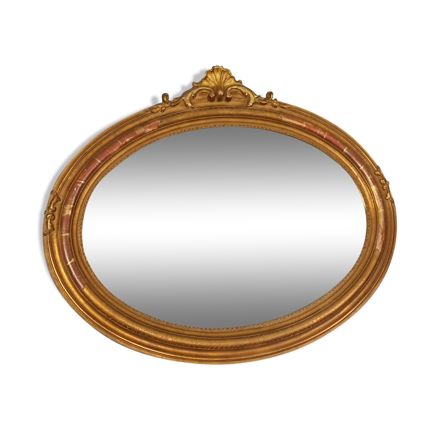 Miroir ovale bois & stuc doré feuille d'or fronton coquille style louis XV, XIXe s. 108x90 cm