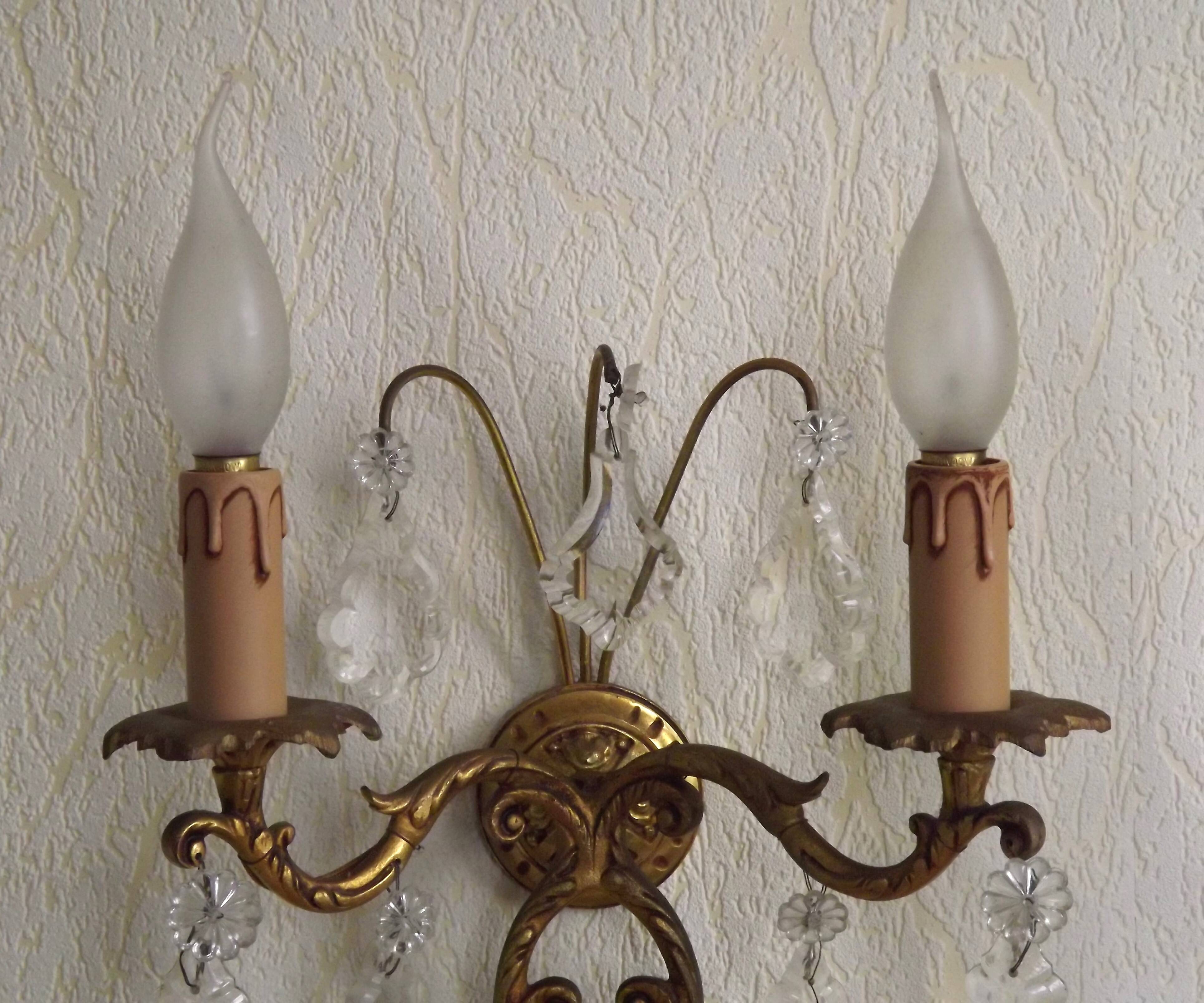 Pair of French Vintage Bronze Double Wall Lights Assorted Crystals 5331
