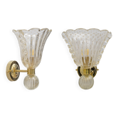 Appliques en laiton et en verre Pulegoso de Murano, paire, attribuées à Barovier & Toso.