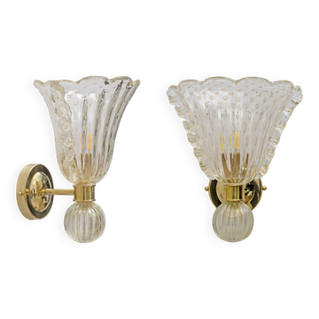 Attributed to Barovier & Toso Brass and Pulegoso Murano Glass Sconces, Pair